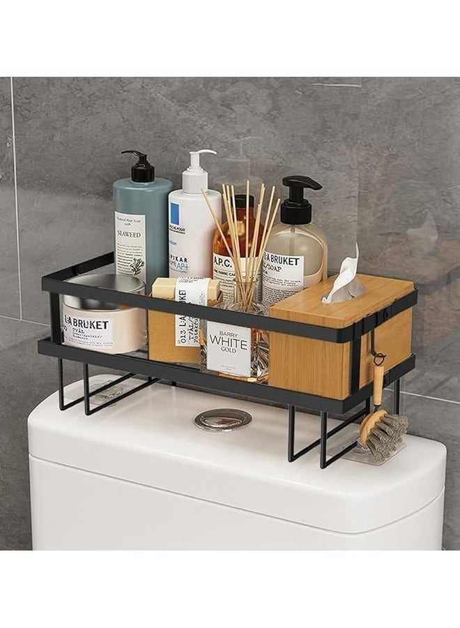 عربست مساحة الحمام بدون حفر - رف فوق المرحاض متعدد الطبقتين مقاوم للماء والصدأ مع 6 خطافات وقاعدة لاصقة، باللون الأسود الحديث - Image 2